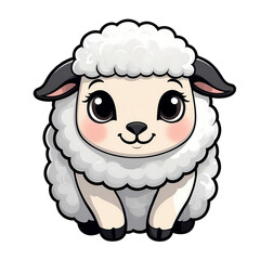 Adorable Childish Kawaii Sheep Character Sticker Standing with Big Round Eyes, Fluffy Wool, and a Joyful Expression, Thick Black Outline, Generative AI