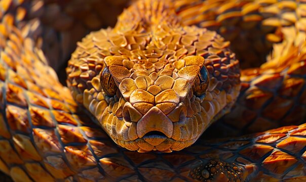 A close up of a snake with its head coiled.