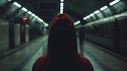 Red-hooded silhouette entering a dark, empty underground station at night, raw style, mysterious and shadowy, eerie vibe