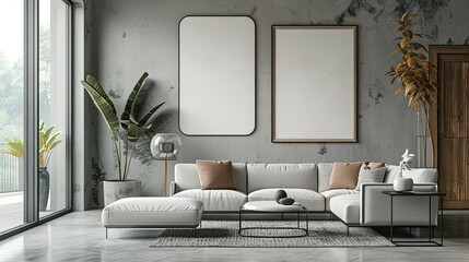 Mock up poster frame in a modern Scandinavian  style living room interior,  3D render and illustration.