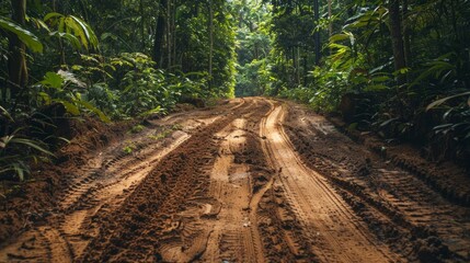 Sandy road with wheel tracks, first-person view from a 4x4 in a jungle forest park, raw and detailed, vibrant rainforest scenery