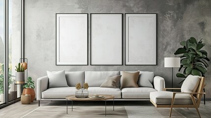 Mock up poster frame in a modern Scandinavian  style living room interior,  3D render and illustration.