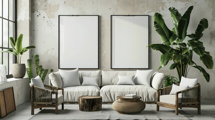 Mock up poster frame in a modern Scandinavian  style living room interior,  3D render and illustration.