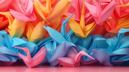 A vibrant abstract 3D background inspired by Japanese origami, featuring intricately folded cranes and geometric patterns in rich, traditional colors, evoking a sense of cultural elegance