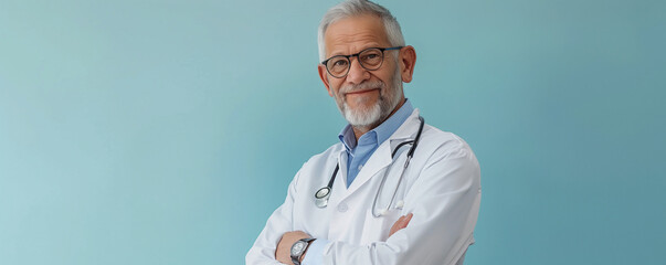 adobestock photo of charming elderly 50 years old doctor in a white lab coat and a stethoscope...