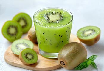 A refreshing Kiwi smoothie in a clear glass. The vibrant green color of the smoothie and the fruit slices creates a fresh and healthy visual appeal and a nutritious aspect of the drink.