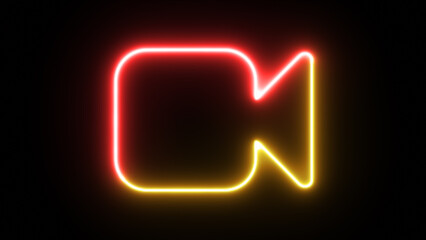 Neon Video camera icon on black background. Video camera.