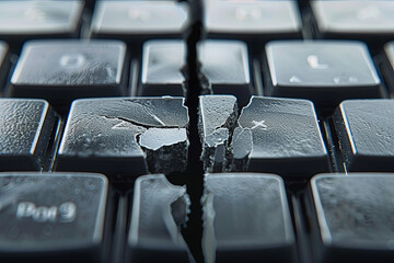Internet confrontation and digital divide, symbolized by a keyboard split by cracks separating opposites