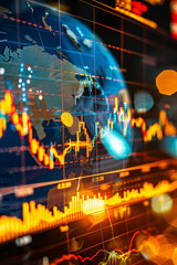 Stock market graphs and data with a globe in the foreground