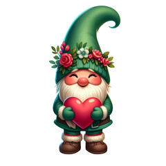 Adorable gnome with a flower-adorned hat holding a red heart, perfect for love and garden-themed designs. on a transparent background isolated