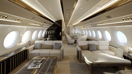 Obraz premium Passenger aircraft cabin with luxurious and comfortable business class seats.