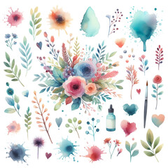 Beautiful watercolor painting featuring a vibrant floral bouquet, surrounded by artistic splashes, leaves, and paintbrush illustrations.