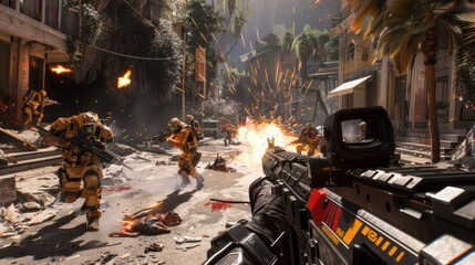 First-person view in an action shooter video game, chaotic battlefield with soldiers engaging in intense combat, raw and immersive