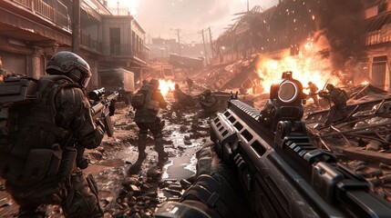 First-person view in an action shooter video game, chaotic battlefield with soldiers engaging in intense combat, raw and immersive