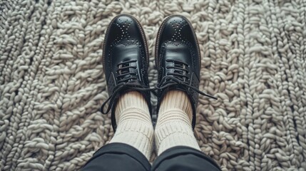 First-person view of leather shoes with black laces, paired with white socks, seen from above, raw detail, stylish and classic