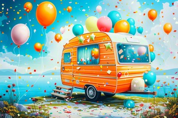 A cheerful camper van adorned with colorful balloons, confetti, and a celebratory atmosphere.