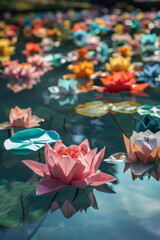 Naklejka premium Origami flowers floating on a serene pond, symbolizing the delicate and transformative nature of creativity 