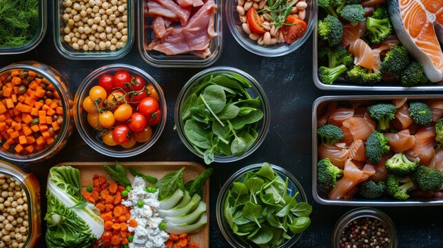 Fitness meal prep seen from above, first person, featuring a balanced mix of proteins, carbs, and veggies, raw and vibrant