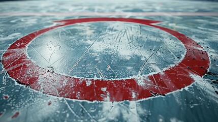 Obraz premium Ice rink with red circle floor marking, showing scratches and skate marks, raw and detailed, dynamic hockey setting