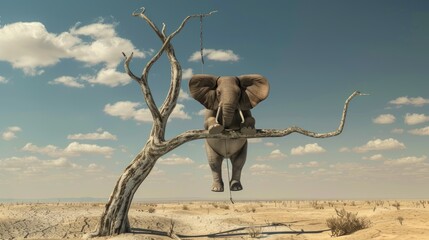 A large elephant is sitting on a tree branch in a desert