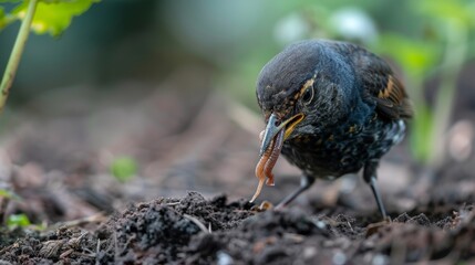 Intimate close-up of a blackbird with a worm, fresh bed of soil, ready to nourish its baby bird, raw and lifelike