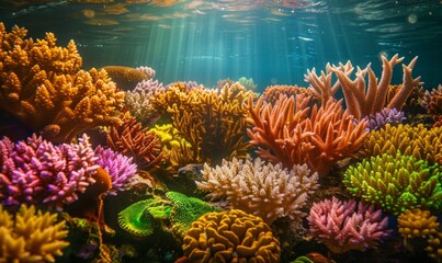 Naklejka premium A mesmerizing underwater scene featuring vibrant coral formations in a variety of colors and shapes, illuminated by sunlight filtering through the water