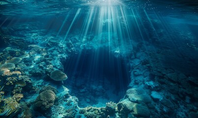 A captivating underwater shot of a blue hole, with its distinct, deep blue color surrounded by lighter turquoise waters, and sunrays penetrating the depths