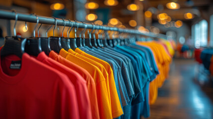 bright colored shirts on wire hangers, hanging on a rack, bright and airy.generative ai