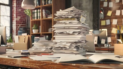 Conceptual image of a large stack of document papers on a cluttered desk, surrounded by office supplies, illustrating a hectic and busy workday