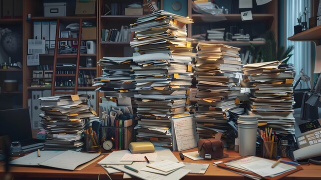 Conceptual image of a large stack of document papers on a cluttered desk, surrounded by office supplies, illustrating a hectic and busy workday