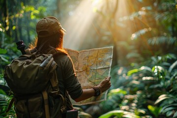 Naklejka premium A close-up of a traveler using a traditional map to navigate through a dense forest, with sunlight filtering through the trees. AI Generative.