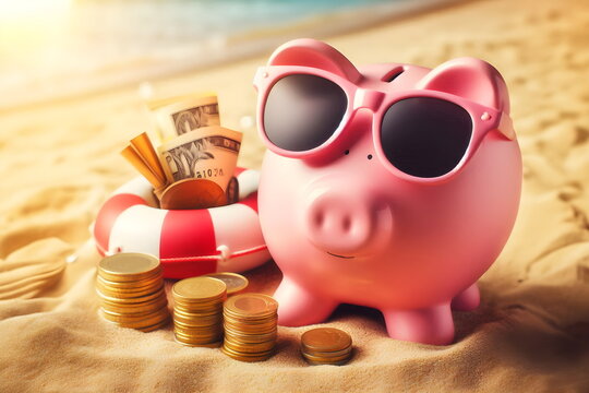 Pink piggy bank with sunglasses relaxing on a beach in summer next to gold coins