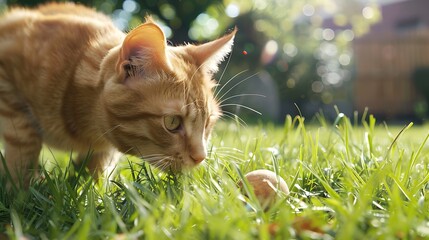 A brown cat playing with ball in the grass very detailed and realistic shape