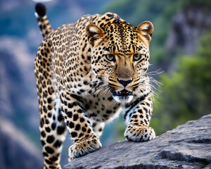 Obraz premium Аggressive leopard on the edge of a cliff, close-up, aggressive pose, blurred foreground and background.