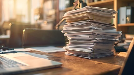 A towering stack of document papers on a wooden office desk, highlighting the overwhelming nature of paperwork in a busy work environment