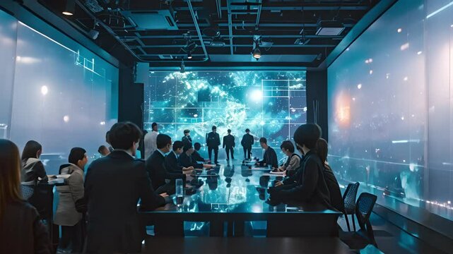 Futuristic command center with people meeting with holographic data display