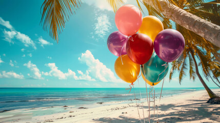 Summer party background with balloons on a beautiful beach © Keitma