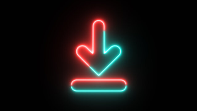 Neon Download button icon. Background with arrow direction down. Glowing neon download sign.