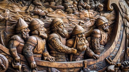 A wooden carving of a Viking ship with a group of men on it generated by AI