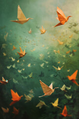 Origami birds floating through a stylized landscape, symbolizing the flight and freedom of creative expression. 