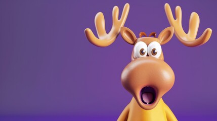 Cute and shocked cartoon moose isolated on purple background. 3D illustration.