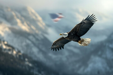 A magnificent bald eagle glides effortlessly above a snowy mountain range, embodying strength and freedom.