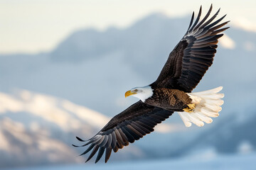 Fototapeta premium A powerful bald eagle gracefully glides over a stunning mountain range, epitomizing freedom and strength.