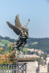 Close up of Bronze Angel Statue with wings, Lucerne, Switzerland, 16 Aug 2022