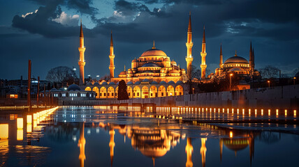 Obraz premium Blue Mosque illuminated at dusk a symbol of Turkish, AI Generative.