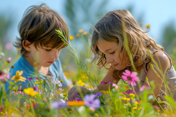 Happy children picking colorful wildflowers under the warm sun
