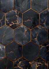  Dark grey and gold hexagonal tiles with a dark blue marble pattern ai generative