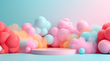A minimal modern abstract 3D background featuring geometric shapes and soft pastel colors, with a sleek stand and podium, ideal for a cosmetic product advertisement, 