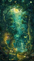 Magical forest with mystical lighting and glowing elements, creating an enchanted atmosphere perfect for fantasy-themed projects and inspiration.
