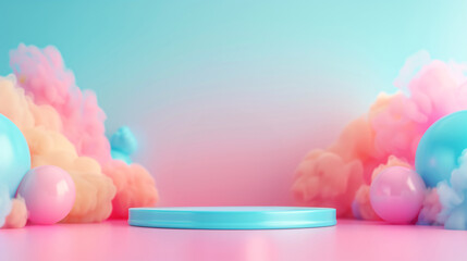 A sleek abstract 3D background with dynamic geometric shapes and light pastel hues, featuring a minimalistic stand and podium, perfect for a modern cosmetic product advertisement,